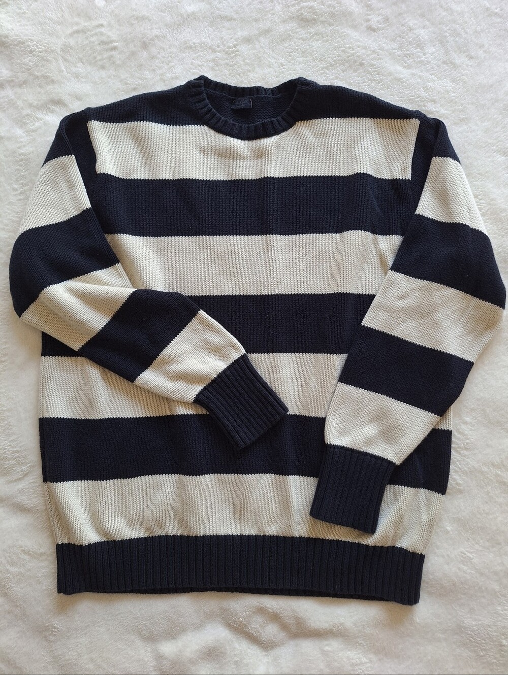 John Galt Striped Cotton Knit Oversized Crewneck Sweater Navy Blue White OS
